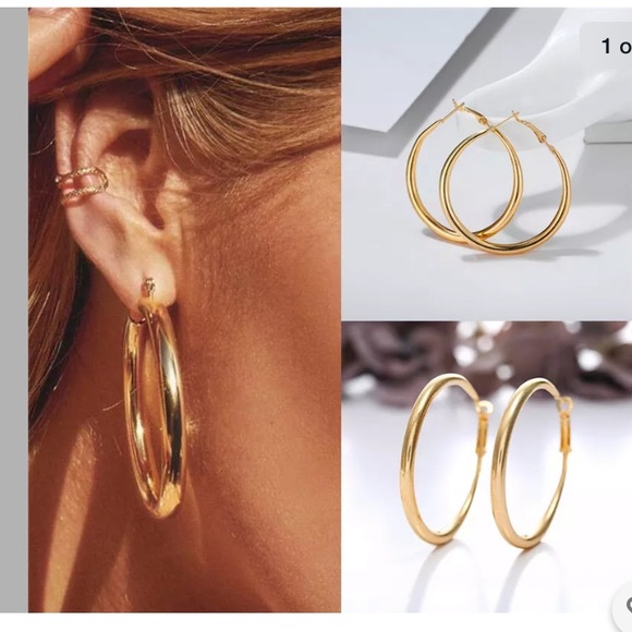 18k Circle Geometry Metal Drop Dangle Earrings - Picture 2 of 5